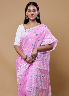 Pink Tant Jamdani Saree Without Blouse Piece