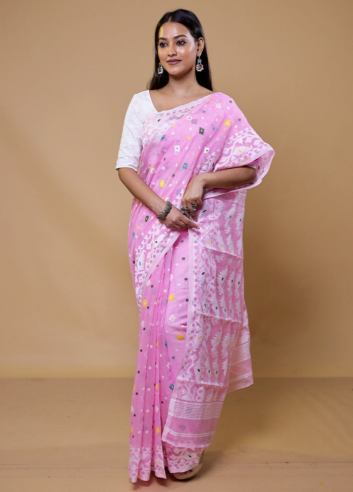 Pink Tant Jamdani Saree Without Blouse Piece