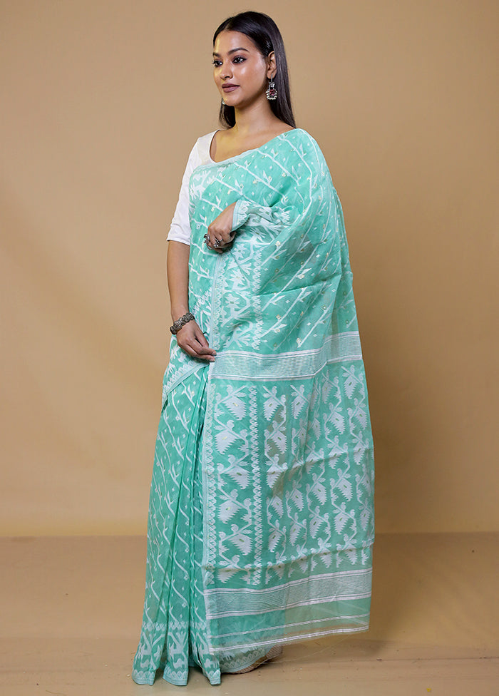 Blue Tant Jamdani Saree Without Blouse Piece