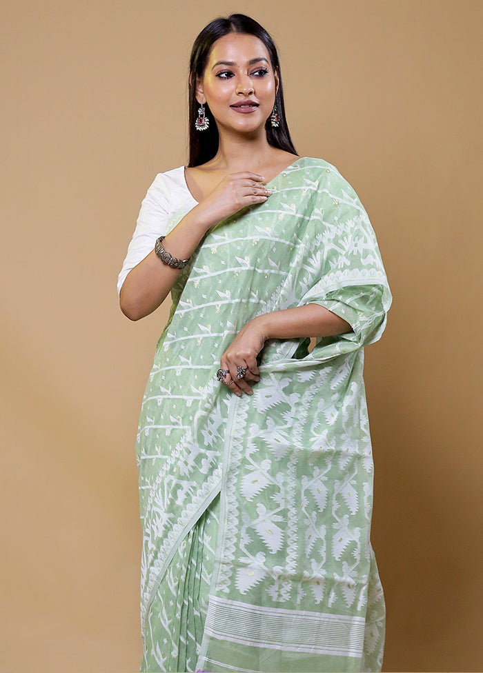 Green Tant Jamdani Saree Without Blouse Piece