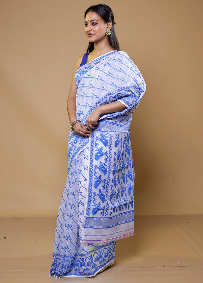 White Tant Jamdani Saree Without Blouse Piece