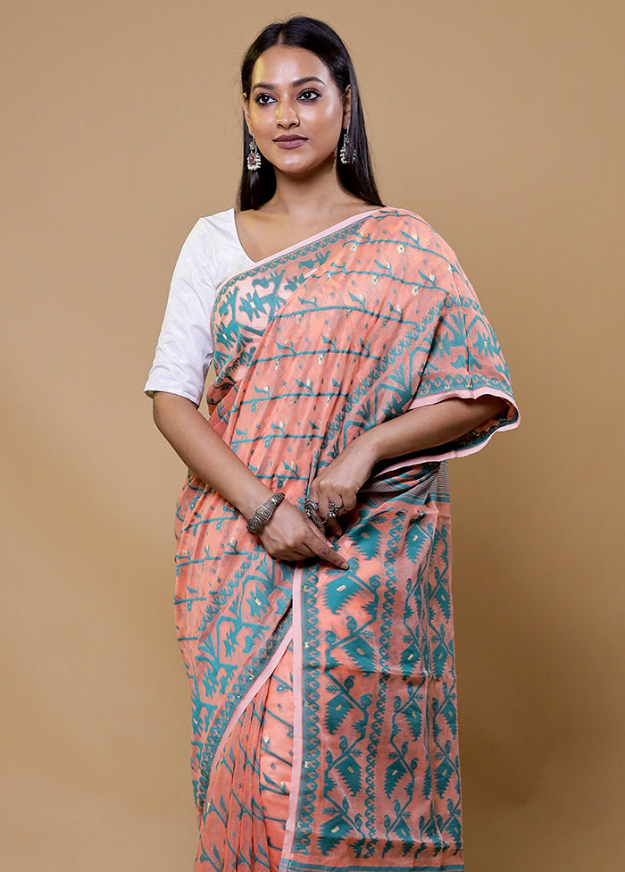 Peach Tant Jamdani Saree Without Blouse Piece