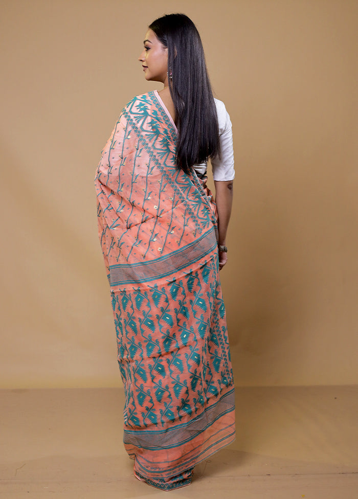 Peach Tant Jamdani Saree Without Blouse Piece