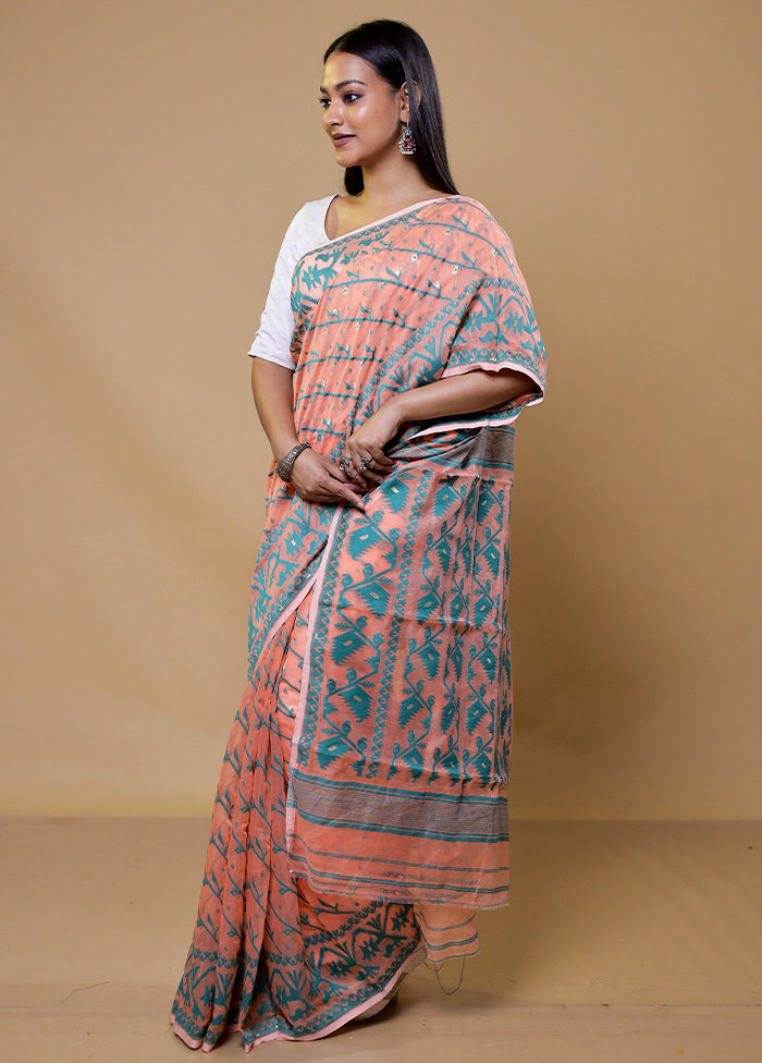 Peach Tant Jamdani Saree Without Blouse Piece