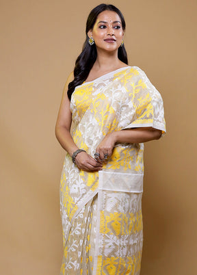 Cream Tant Jamdani Saree Without Blouse Piece