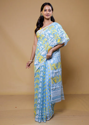 Blue Tant Jamdani Saree Without Blouse Piece