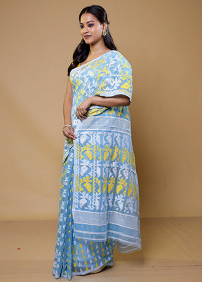 Blue Tant Jamdani Saree Without Blouse Piece