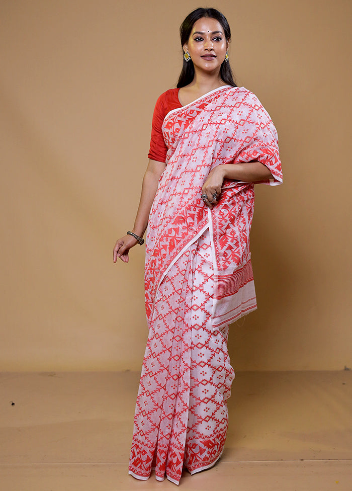 White Tant Jamdani Saree Without Blouse Piece