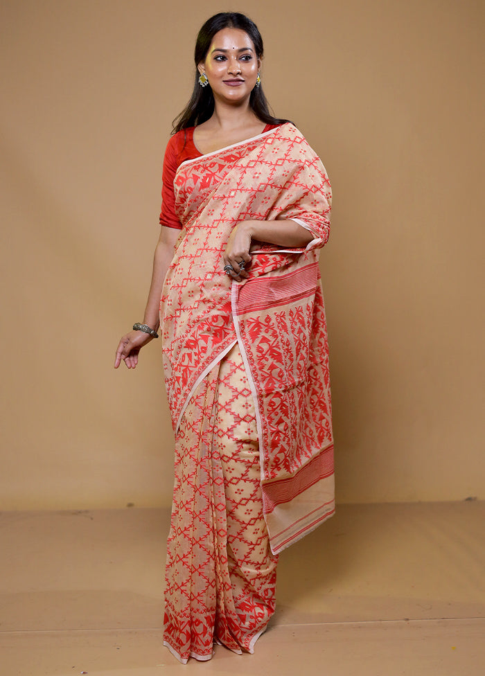 Cream Tant Jamdani Saree Without Blouse Piece