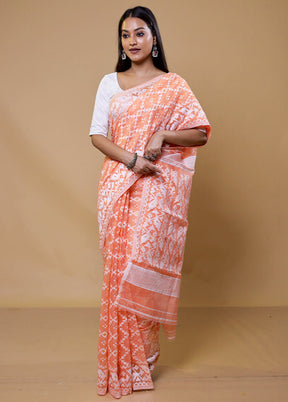 Peach Tant Jamdani Saree Without Blouse Piece