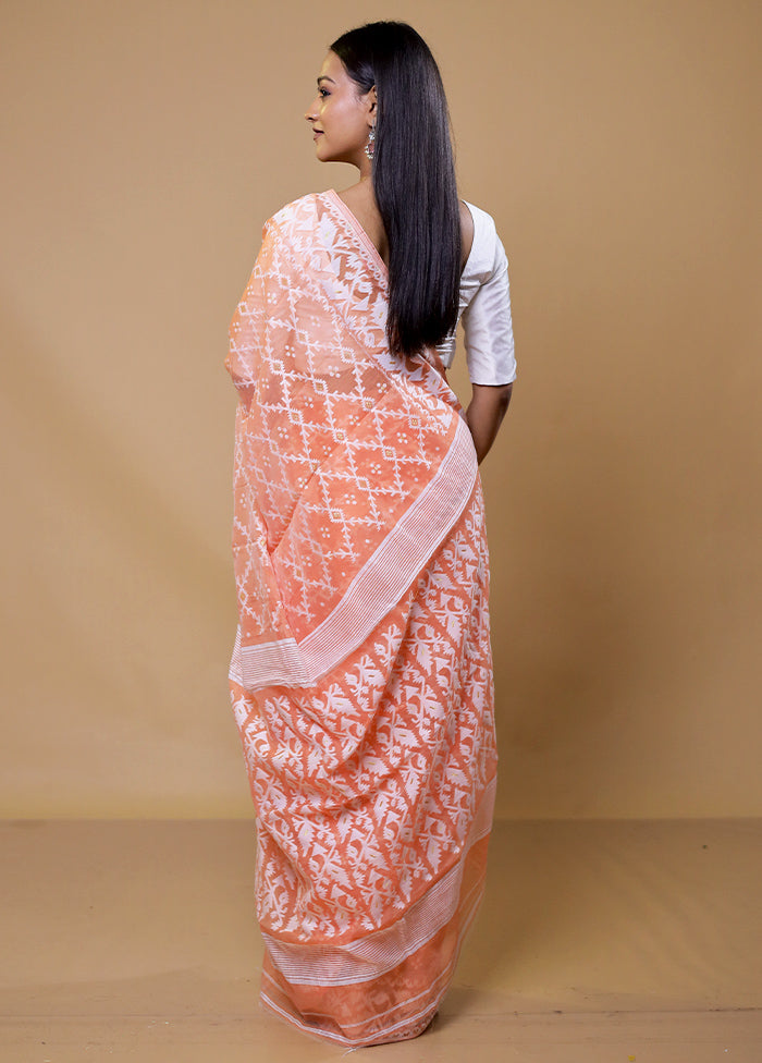 Peach Tant Jamdani Saree Without Blouse Piece