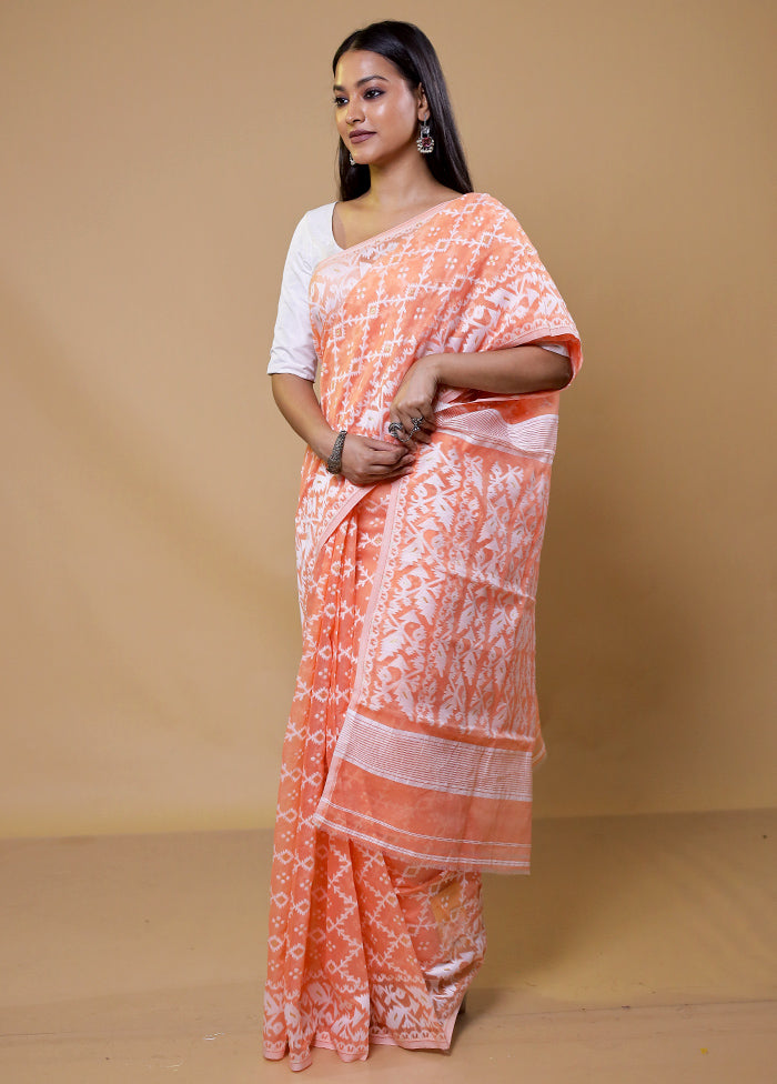 Peach Tant Jamdani Saree Without Blouse Piece