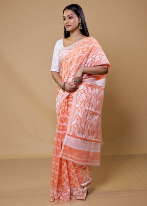 Peach Tant Jamdani Saree Without Blouse Piece