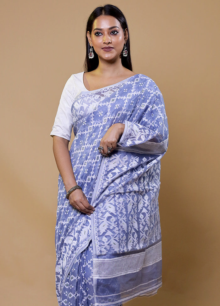 Blue Tant Jamdani Saree Without Blouse Piece