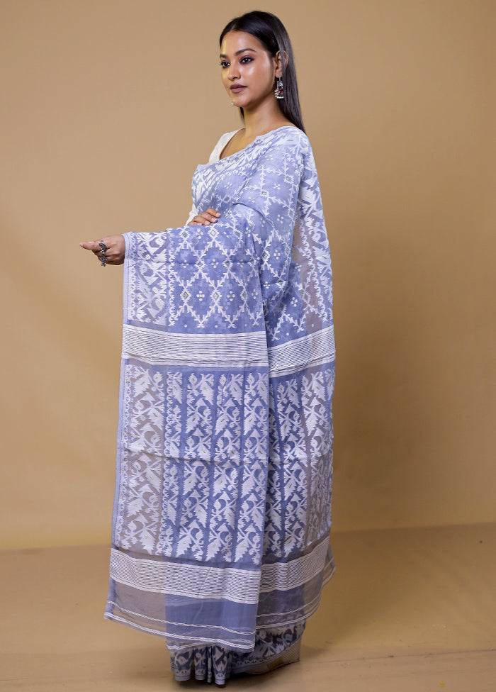 Blue Tant Jamdani Saree Without Blouse Piece