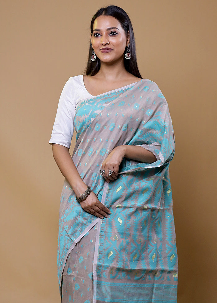 Blue Tant Jamdani Saree Without Blouse Piece