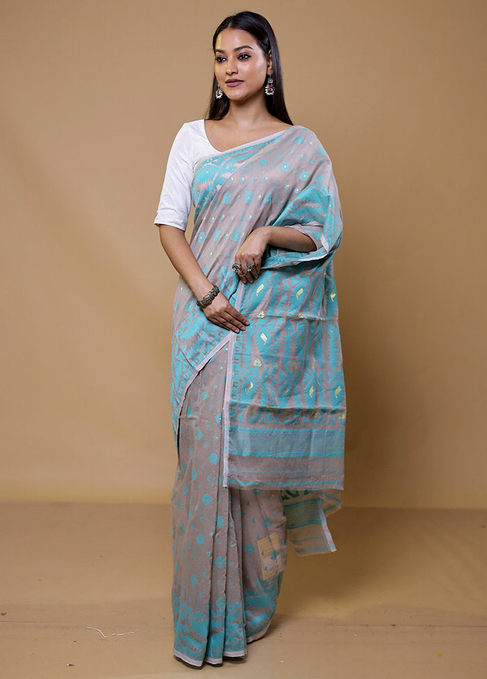 Blue Tant Jamdani Saree Without Blouse Piece