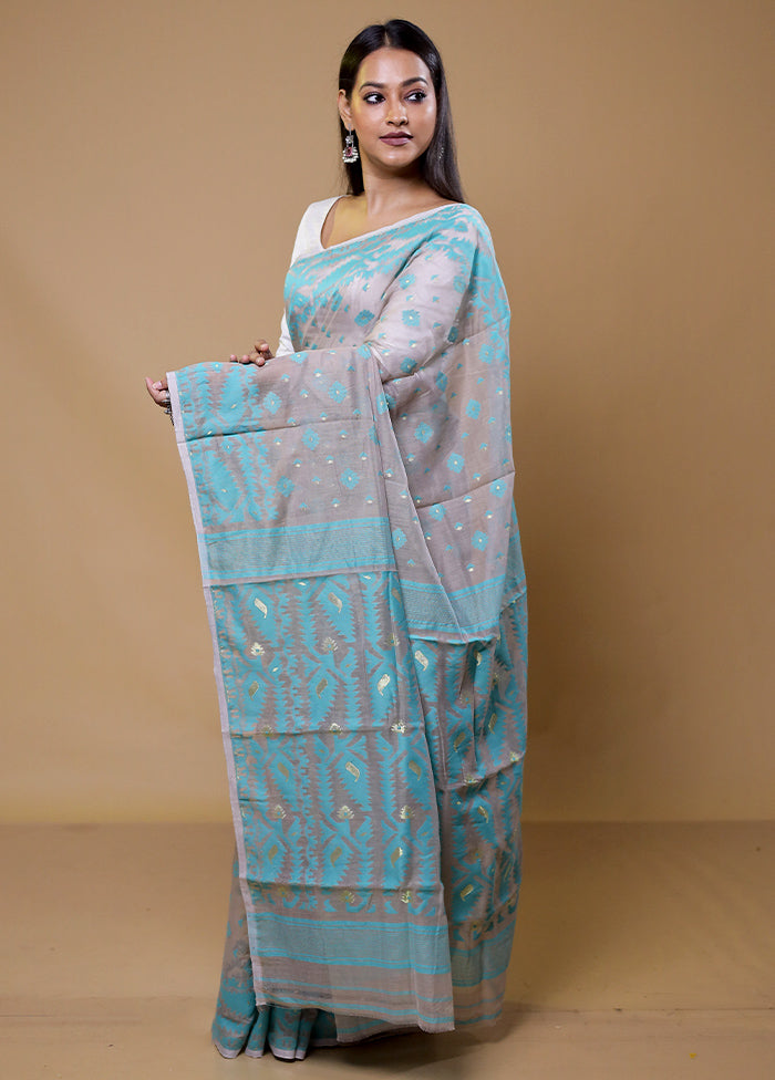 Blue Tant Jamdani Saree Without Blouse Piece