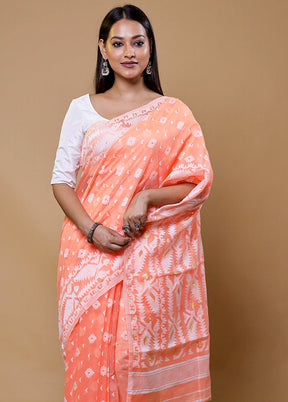 Peach Tant Jamdani Saree Without Blouse Piece