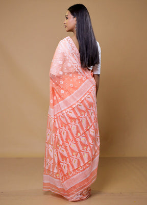 Peach Tant Jamdani Saree Without Blouse Piece