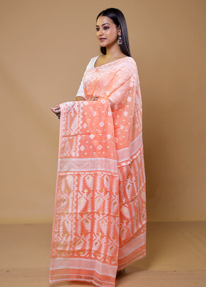 Peach Tant Jamdani Saree Without Blouse Piece