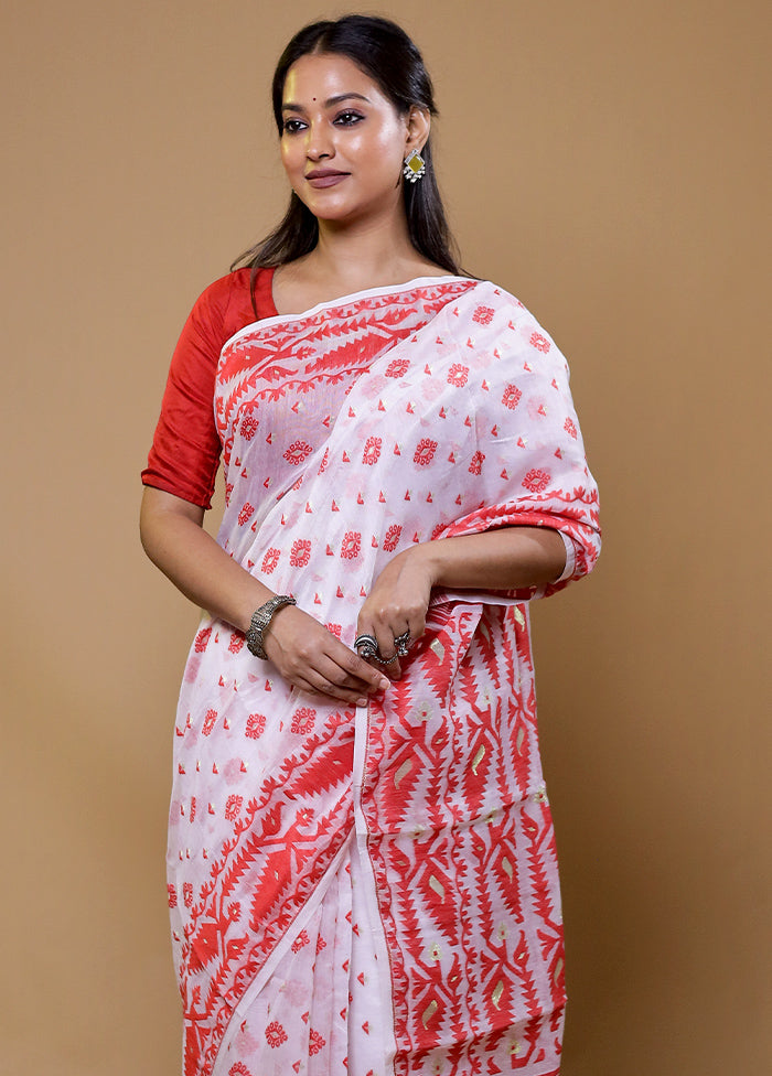 White Tant Jamdani Saree Without Blouse Piece