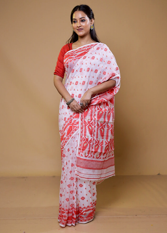 White Tant Jamdani Saree Without Blouse Piece