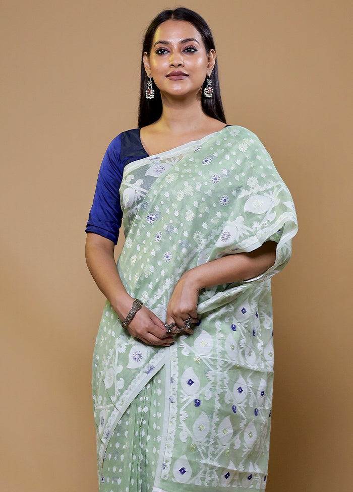 Green Tant Jamdani Saree Without Blouse Piece