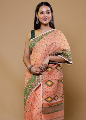 Peach Tant Jamdani Saree Without Blouse Piece