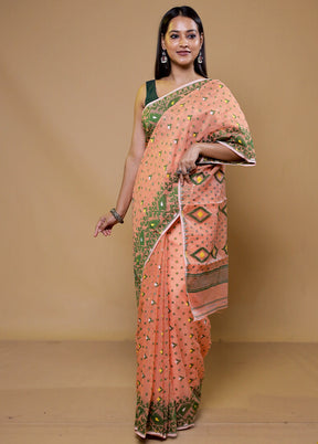 Peach Tant Jamdani Saree Without Blouse Piece