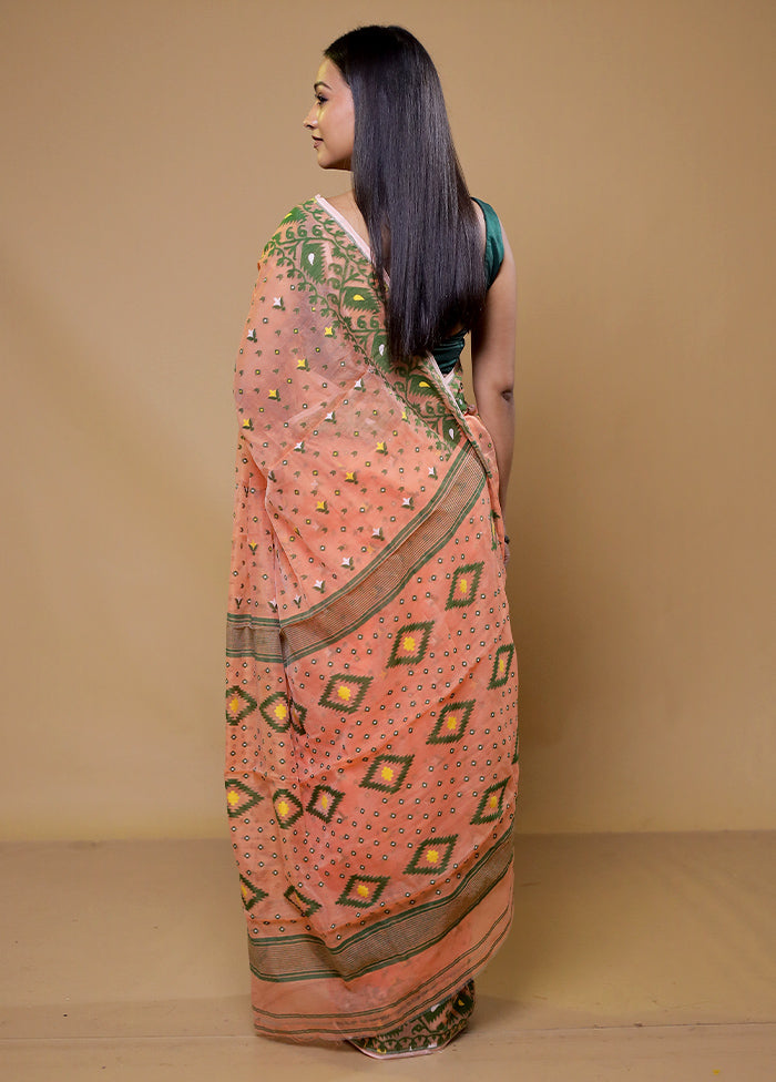 Peach Tant Jamdani Saree Without Blouse Piece