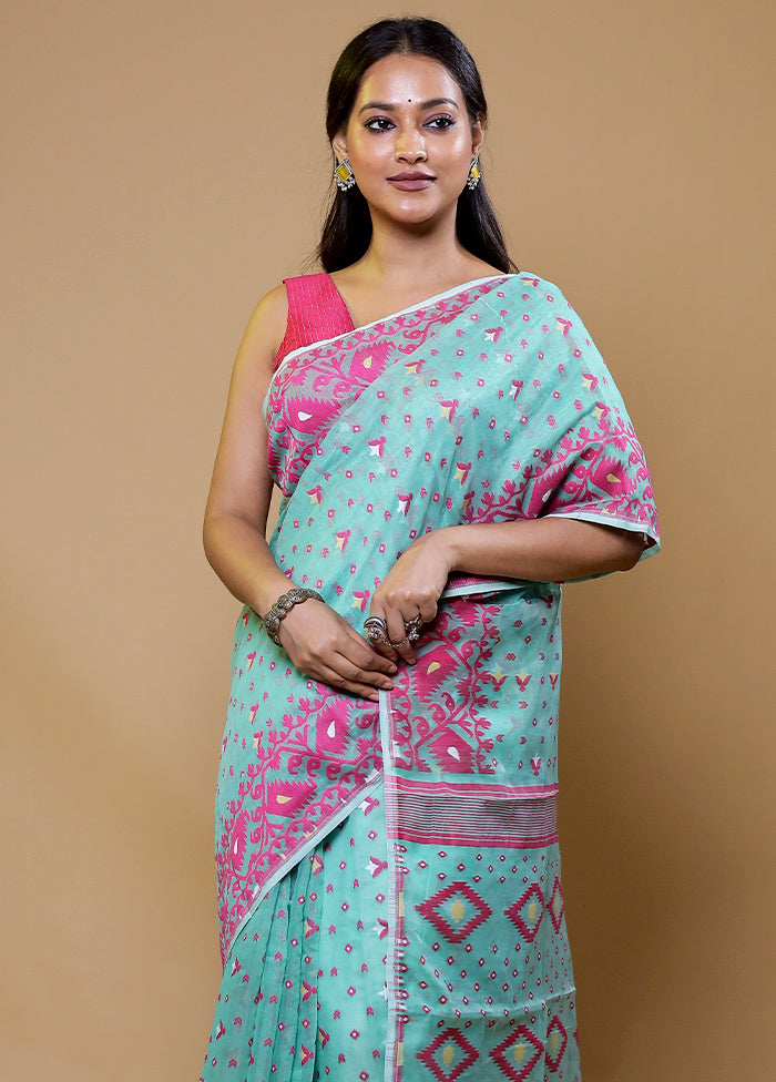 Blue Tant Jamdani Saree Without Blouse Piece