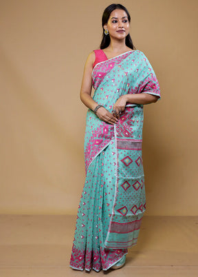 Blue Tant Jamdani Saree Without Blouse Piece