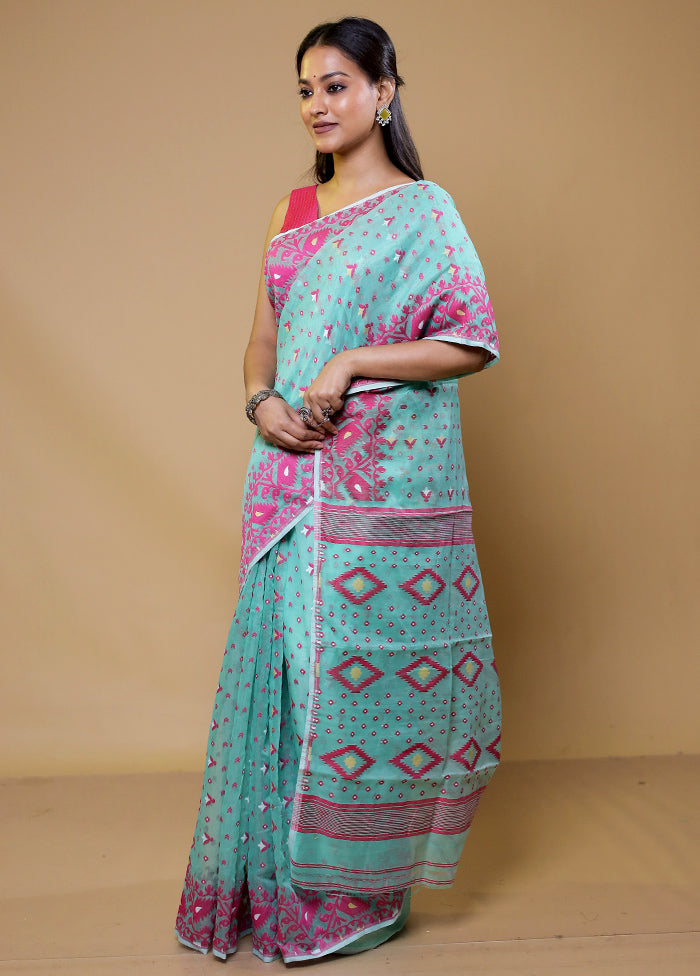 Blue Tant Jamdani Saree Without Blouse Piece