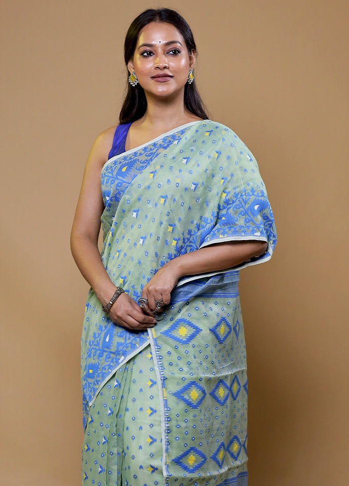 Green Tant Jamdani Saree Without Blouse Piece