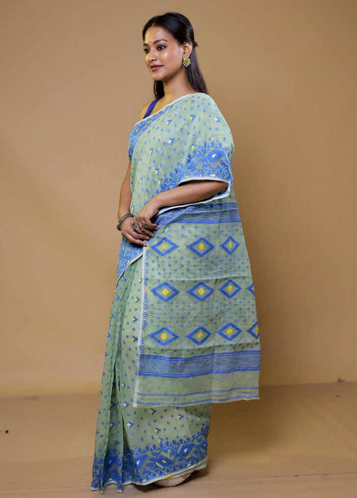 Green Tant Jamdani Saree Without Blouse Piece