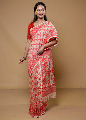 Cream Tant Jamdani Saree Without Blouse Piece