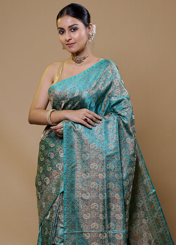 Blue Handloom Jamewar Pure Silk Saree With Blouse Piece