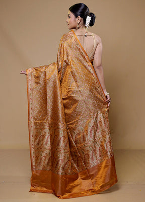 Orange Handloom Jamewar Pure Silk Saree With Blouse Piece