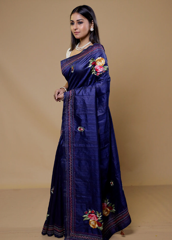 Blue Tussar Silk Saree With Blouse Piece