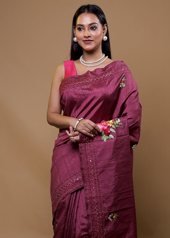 Purple Tussar Silk Saree With Blouse Piece