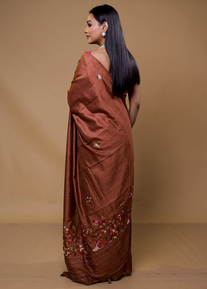 Brown Tussar Silk Saree With Blouse Piece