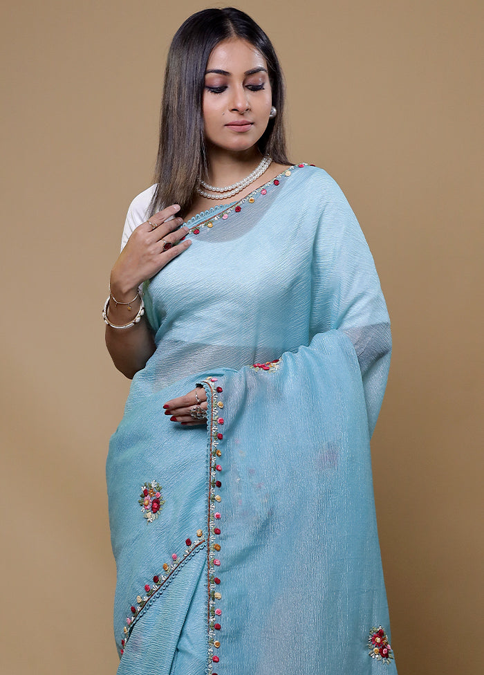 Blue Crushed Tissue Silk Saree With Blouse Piece