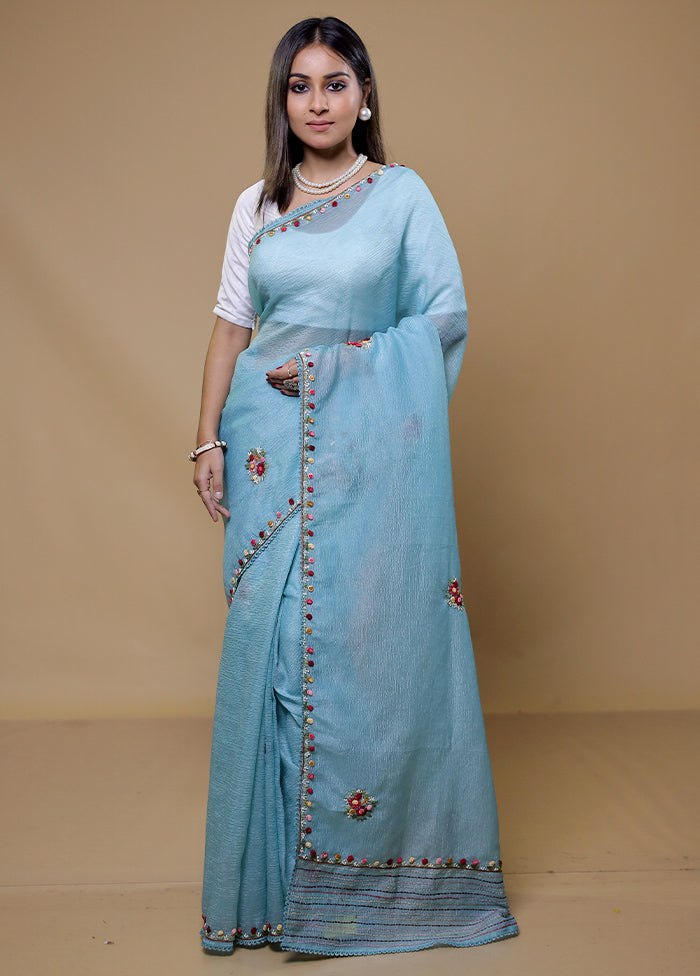 Blue Crushed Tissue Silk Saree With Blouse Piece