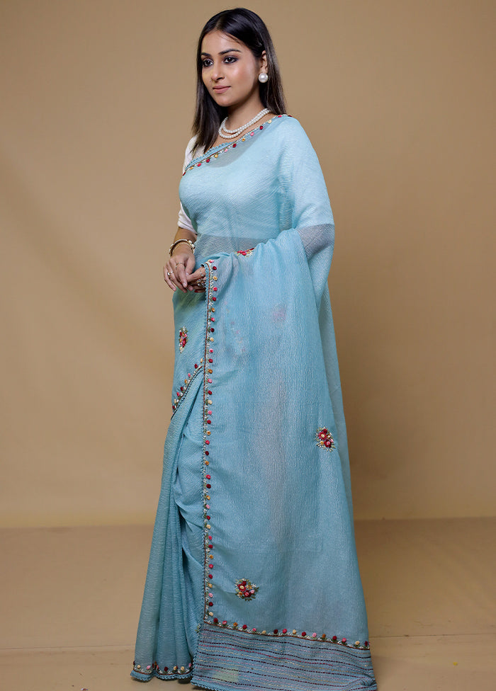 Blue Crushed Tissue Silk Saree With Blouse Piece