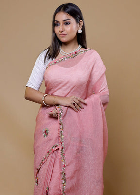 Pink Crushed Tissue Silk Saree With Blouse Piece