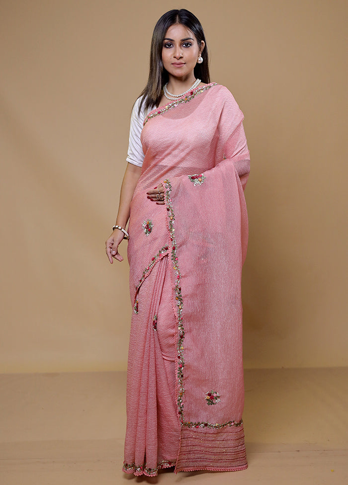 Pink Crushed Tissue Silk Saree With Blouse Piece