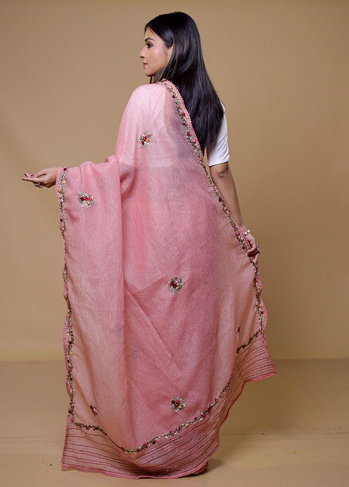 Pink Crushed Tissue Silk Saree With Blouse Piece