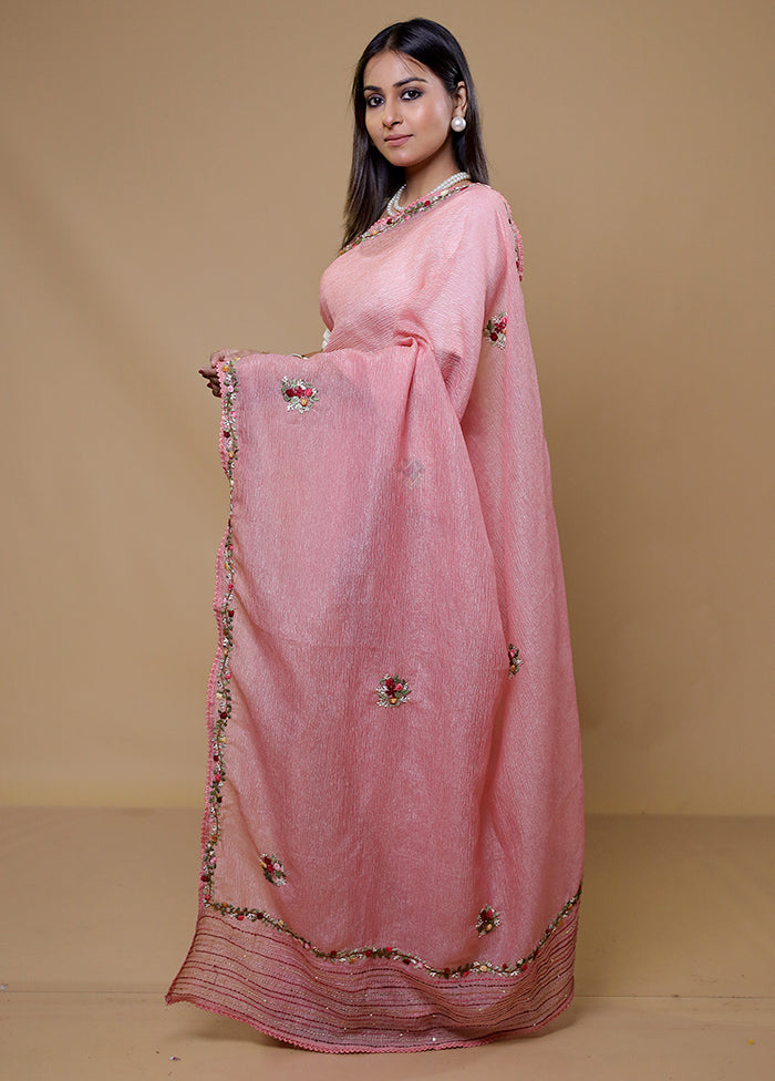 Pink Crushed Tissue Silk Saree With Blouse Piece