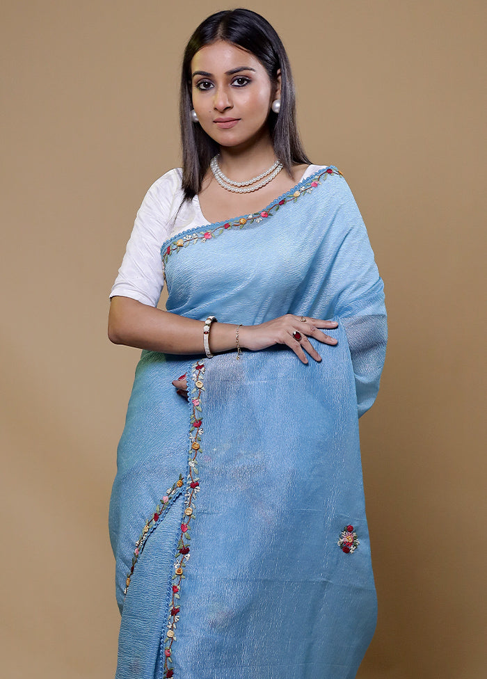 Blue Crushed Tissue Silk Saree With Blouse Piece